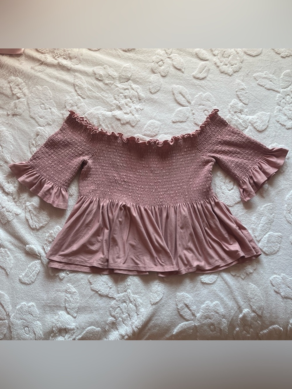 Liberty Love Smocked Off-Shoulder Ruffle Peplum Top - Dusty Mauve
